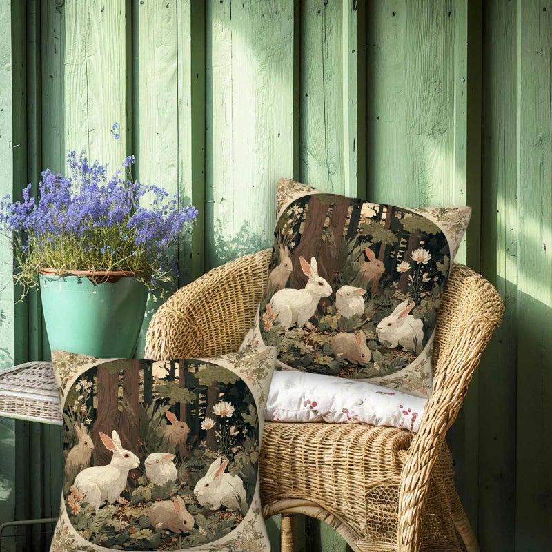 ZibZorp Woodland Rabbits Throw Pillow Covers 18x18 Set of 2 | Rustic Bunny Decorative Cushion Case for Couch, Sofa and Cabin | Vintage Spring Easter Pillowcases Decor for Living Room, Farmhouse - Image 4