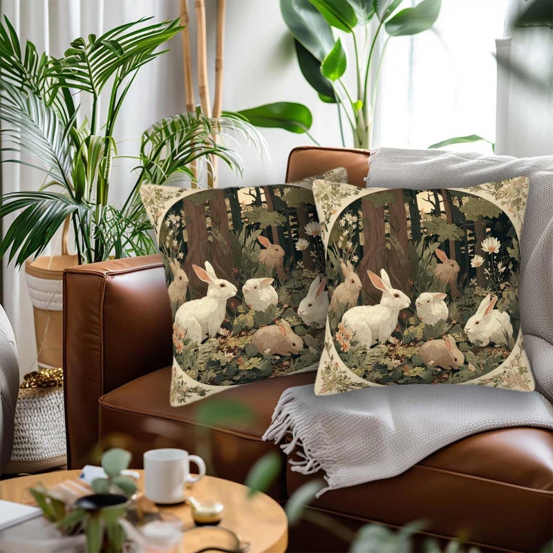 ZibZorp Woodland Rabbits Throw Pillow Covers 18x18 Set of 2 | Rustic Bunny Decorative Cushion Case for Couch, Sofa and Cabin | Vintage Spring Easter Pillowcases Decor for Living Room, Farmhouse - Image 2