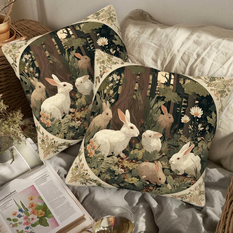 ZibZorp Woodland Rabbits Throw Pillow Covers 18x18 Set of 2 | Rustic Bunny Decorative Cushion Case for Couch, Sofa and Cabin | Vintage Spring Easter Pillowcases Decor for Living Room, Farmhouse - Image 3