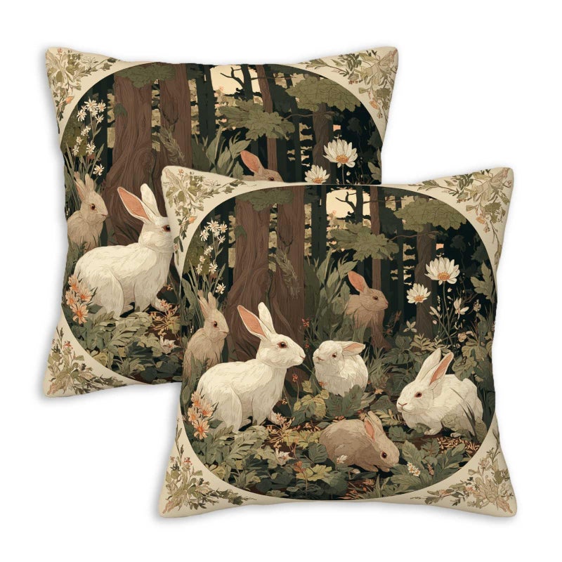 ZibZorp Woodland Rabbits Throw Pillow Covers 18x18 Set of 2 | Rustic Bunny Decorative Cushion Case for Couch, Sofa and Cabin | Vintage Spring Easter Pillowcases Decor for Living Room, Farmhouse - Image 1