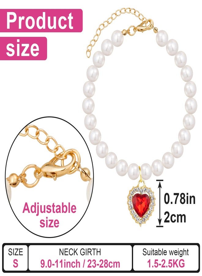 Mxxipp 2pcs Pearl Collar for Cat Puppy, Small Cute Heart Shape Rhinestone Pet Necklace, Adjustable Wedding Party Pet Jewelry Accessories for Puppy Kitten- Blue & Red - Image 2