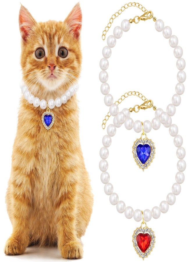 Mxxipp 2pcs Pearl Collar for Cat Puppy, Small Cute Heart Shape Rhinestone Pet Necklace, Adjustable Wedding Party Pet Jewelry Accessories for Puppy Kitten- Blue & Red - Image 1
