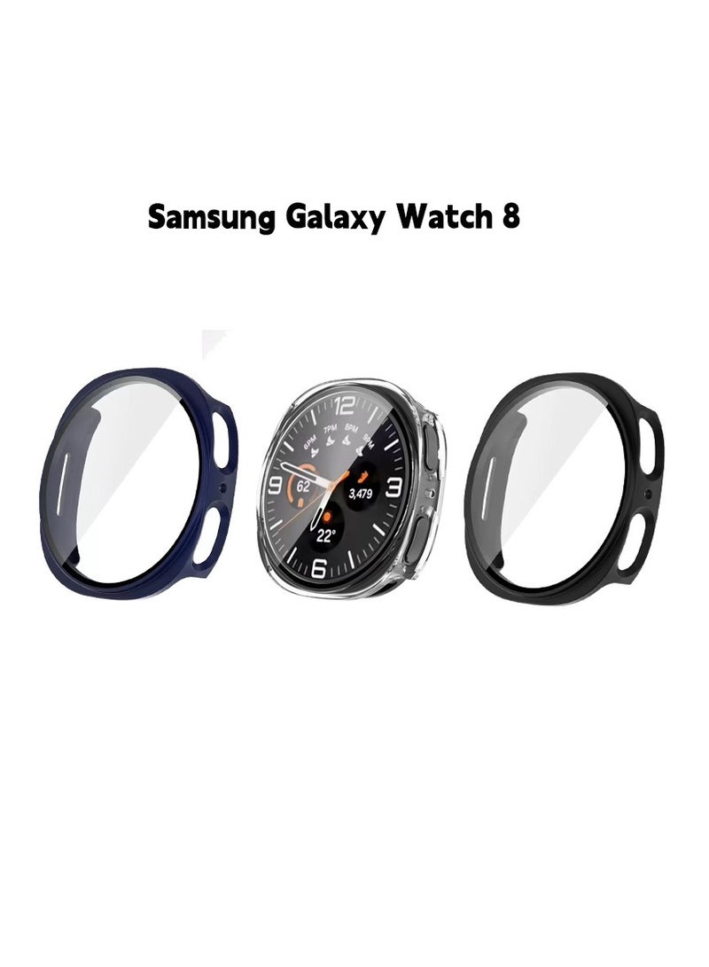3 PCS For Samsung Galaxy Watch 8 44mm Tempered Glass One-Piece Case Screen Protector, Drop and Scratch Resistant Case Blue/Clear/Blcak - Image 1