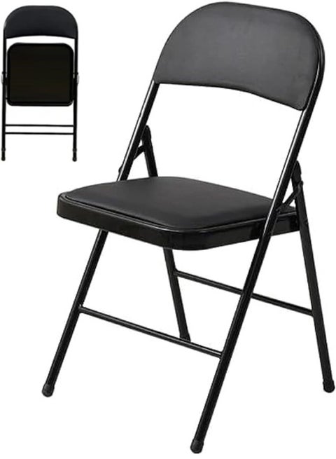 كرسي معدني قابل للطي مزود بمسند ظهر جلد مريح  للرحلات و التخييم و الاستخدام المنزلي لون أسود