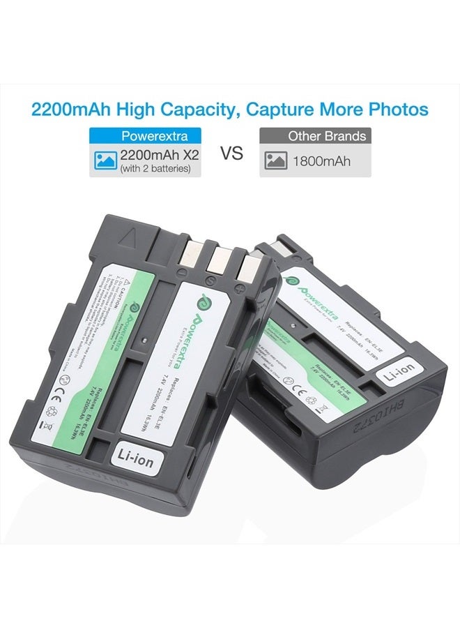 Powerextra 2X EN-EL3E Battery & Charger Compatible with Nikon D50, D70, D70s, D80, D90, D100, D200, D300, D300S, D700 D900 Digital Cameras (Free Car Charger Available) - Image 2