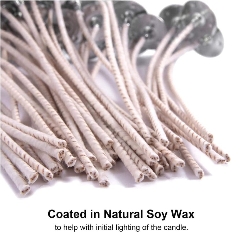 Delfino 6 Inch 100pcs Thick Gauge Wick, Natural Candle Wick Pre-Waxed with 10 Free Metal Bases, Fit Container Diameter 2-3IN, Low Smoke - Image 3