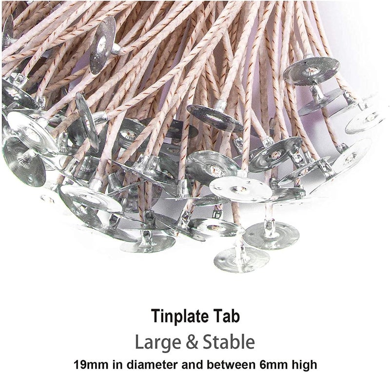 Delfino 6 Inch 100pcs Thick Gauge Wick, Natural Candle Wick Pre-Waxed with 10 Free Metal Bases, Fit Container Diameter 2-3IN, Low Smoke - Image 4