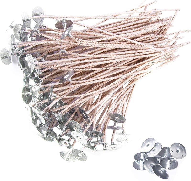 Delfino 6 Inch 100pcs Thick Gauge Wick, Natural Candle Wick Pre-Waxed with 10 Free Metal Bases, Fit Container Diameter 2-3IN, Low Smoke - Image 1