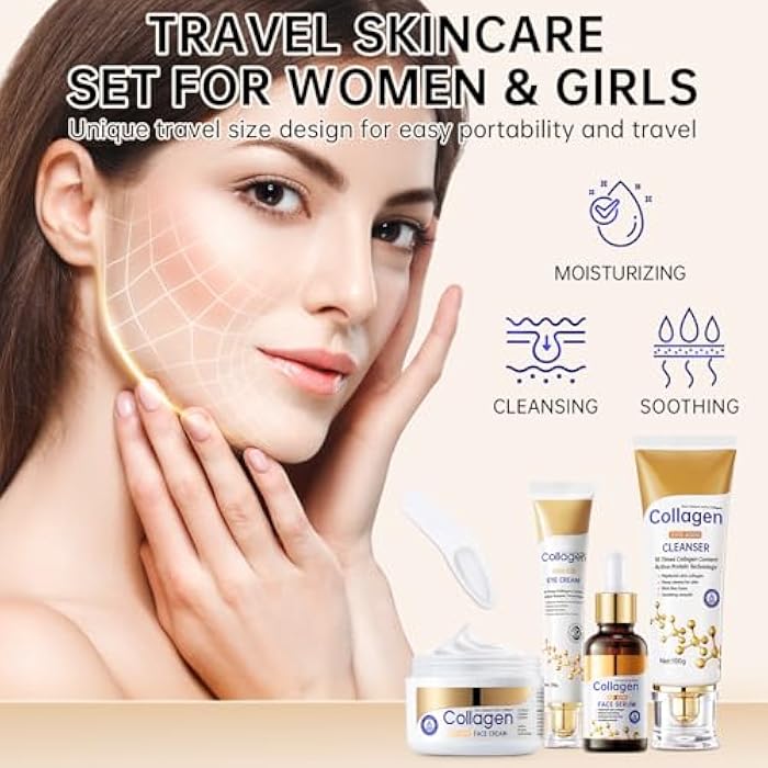 mopayzer Collagen Skin Care Set, Anti Aging Skincare Set for Reduce Wrinkles, Shrink Pores, Smooth Fine Lines, Hydrating, 4 Pcs Travel Skincare Kits for Women with Cleanser, Serum, Cream, Eye Cream. - Image 5