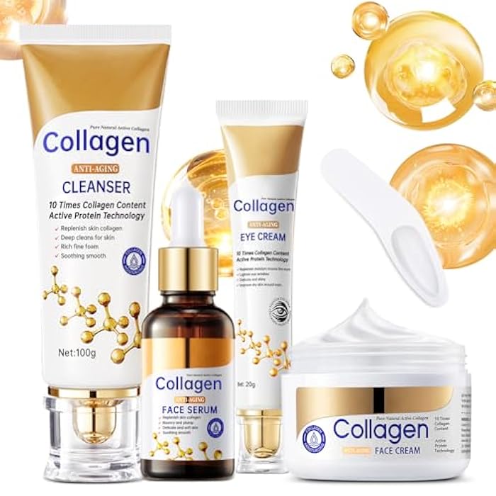 mopayzer Collagen Skin Care Set, Anti Aging Skincare Set for Reduce Wrinkles, Shrink Pores, Smooth Fine Lines, Hydrating, 4 Pcs Travel Skincare Kits for Women with Cleanser, Serum, Cream, Eye Cream. - Image 1