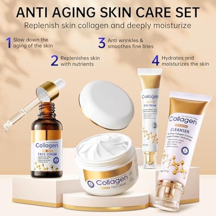 mopayzer Collagen Skin Care Set, Anti Aging Skincare Set for Reduce Wrinkles, Shrink Pores, Smooth Fine Lines, Hydrating, 4 Pcs Travel Skincare Kits for Women with Cleanser, Serum, Cream, Eye Cream. - Image 3
