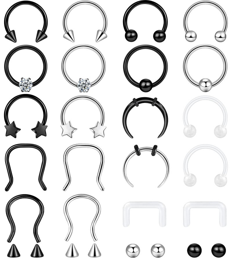 ONESING 20 Pcs 16G Septum Rings Surgical Steel Septum Jewelry Smiley Horseshoe Helix Daith Tragus Hoop Lip Rings Septum Piercing for Women Men - Image 1