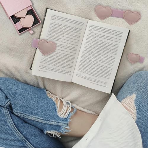 Winjeto Magnetic Leather Heart Bookmarks with Pen Holder - Winjeto 2 Pieces Cute Book Marks for Reading Women Kids Accessories, Book Lovers Gifts for Friends Teacher School Office Supplies with Gift Box, Pink - Image 4