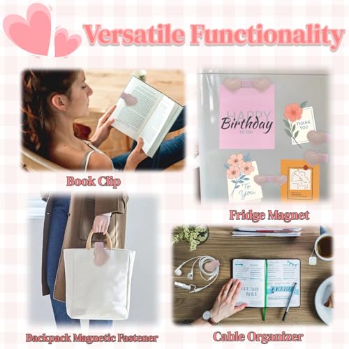Winjeto Magnetic Leather Heart Bookmarks with Pen Holder - Winjeto 2 Pieces Cute Book Marks for Reading Women Kids Accessories, Book Lovers Gifts for Friends Teacher School Office Supplies with Gift Box, Pink - Image 3