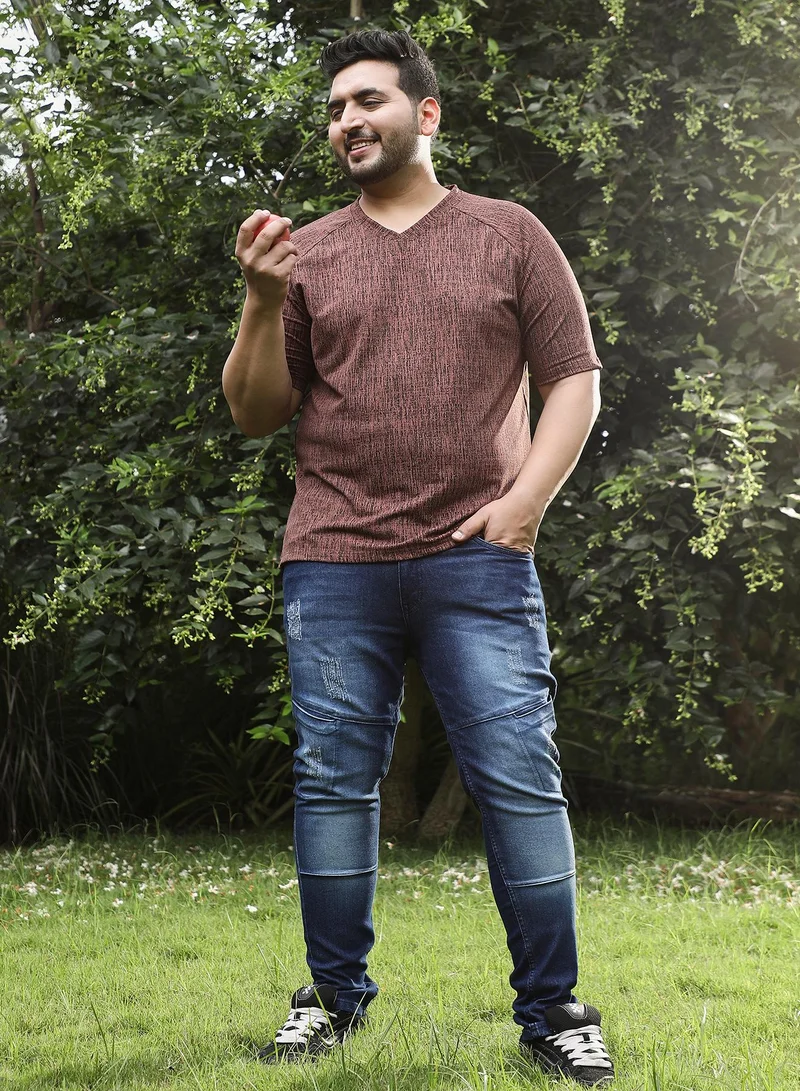Instafab Plus Instafab Plus Men's Brown & Black Contrast-Heathered Knitted T-Shirt For Casual Wear | V-Neck | Short Regular Sleeves | Pull On Closure | Plus Size T-Shirt Crafted With Comfort Fit For Everyday Wear