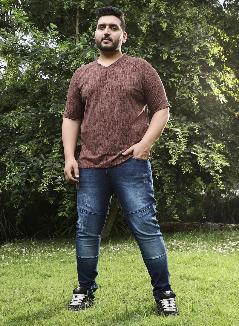 Instafab Plus Instafab Plus Men's Brown & Black Contrast-Heathered Knitted T-Shirt For Casual Wear | V-Neck | Short Regular Sleeves | Pull On Closure | Plus Size T-Shirt Crafted With Comfort Fit For Everyday Wear