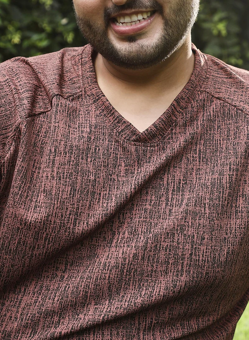 Instafab Plus Instafab Plus Men's Brown & Black Contrast-Heathered Knitted T-Shirt For Casual Wear | V-Neck | Short Regular Sleeves | Pull On Closure | Plus Size T-Shirt Crafted With Comfort Fit For Everyday Wear