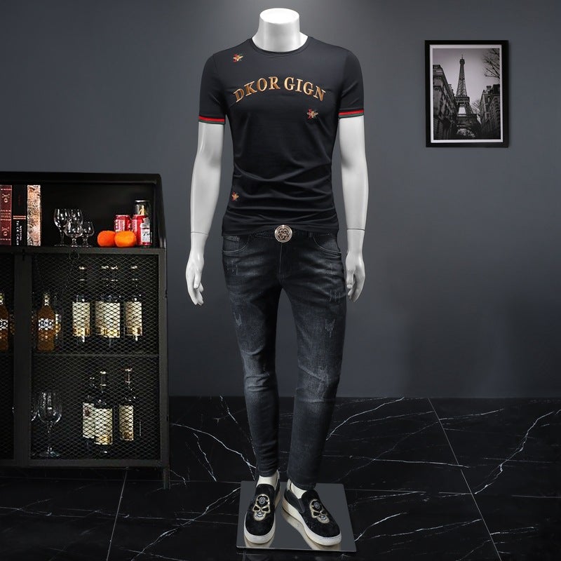 Men'S Trendy Brand Accessible Luxury European Summer Youth Short-Sleeved T-Shirt New Mercerized Cotton Ice-Feel Printed Round Neck Short T-Shirt - Image 2