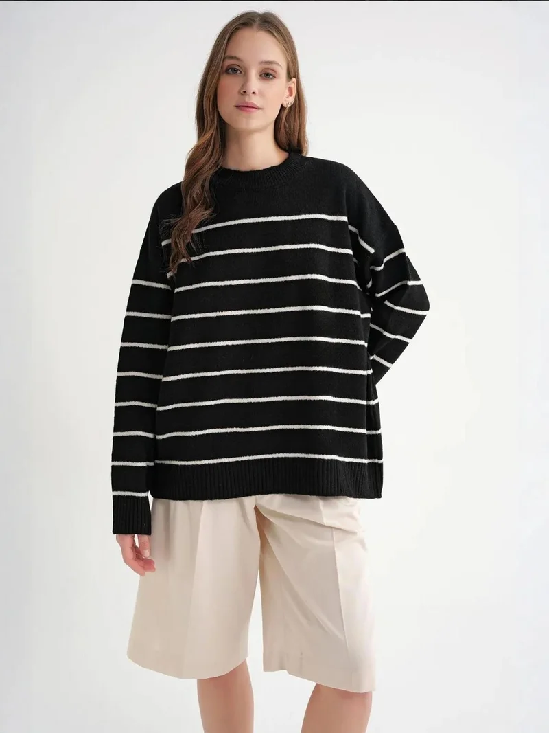 MixRay Striped Crew Neck Relaxed Knit Pullover Sweater