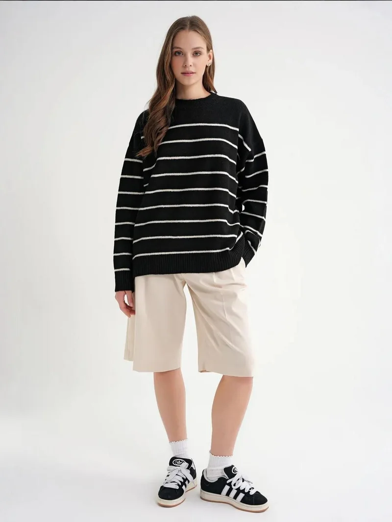 MixRay Striped Crew Neck Relaxed Knit Pullover Sweater