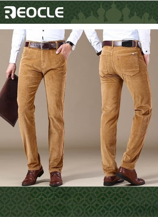 REOCLE Men's Corduroy Pants Stretch Straight Fit Flat-Front Casual Chino Pants Dress Pants Flat Front Straight Leg Casual Pants - Image 1
