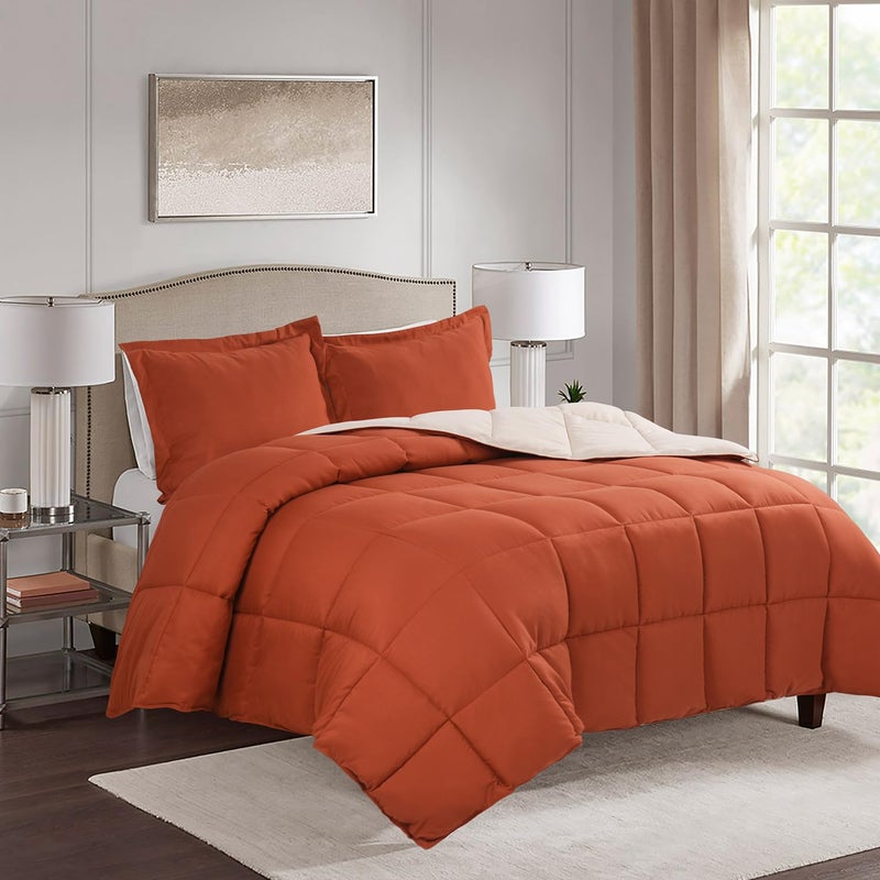 Hi -G HIG 3pc Burnt Orange Queen Size Comforter Set - All Season Reversible Down Alternative Comforter with Sham - Quilted Duvet Insert with Corner Tabs - Box Stitched - Breathable, Soft, Fluffy - Image 1