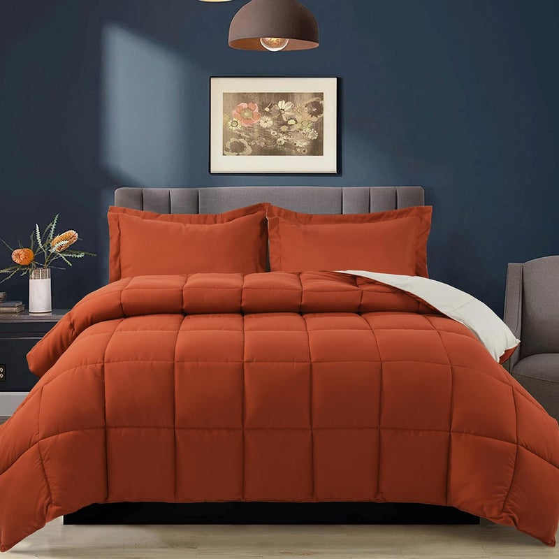 Hi -G HIG 3pc Burnt Orange Queen Size Comforter Set - All Season Reversible Down Alternative Comforter with Sham - Quilted Duvet Insert with Corner Tabs - Box Stitched - Breathable, Soft, Fluffy - Image 2