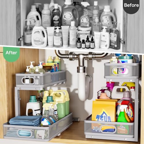 Dolesman Under Sink Organizer 2 Pack, High Adjustable 2 Tier Under Sink Organizers and Storage, Slide out Metal Cabinet Organizers, Pull out Storage Drawer Shelf for Kitchen Bathroom Cabinet - Image 3