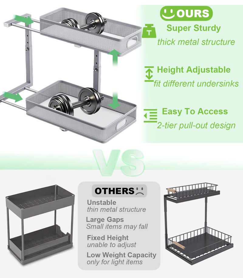 Dolesman Under Sink Organizer 2 Pack, High Adjustable 2 Tier Under Sink Organizers and Storage, Slide out Metal Cabinet Organizers, Pull out Storage Drawer Shelf for Kitchen Bathroom Cabinet - Image 2