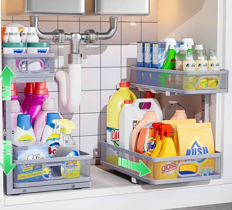 Dolesman Under Sink Organizer 2 Pack, High Adjustable 2 Tier Under Sink Organizers and Storage, Slide out Metal Cabinet Organizers, Pull out Storage Drawer Shelf for Kitchen Bathroom Cabinet - Image 1