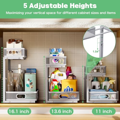 Dolesman Under Sink Organizer 2 Pack, High Adjustable 2 Tier Under Sink Organizers and Storage, Slide out Metal Cabinet Organizers, Pull out Storage Drawer Shelf for Kitchen Bathroom Cabinet - Image 5