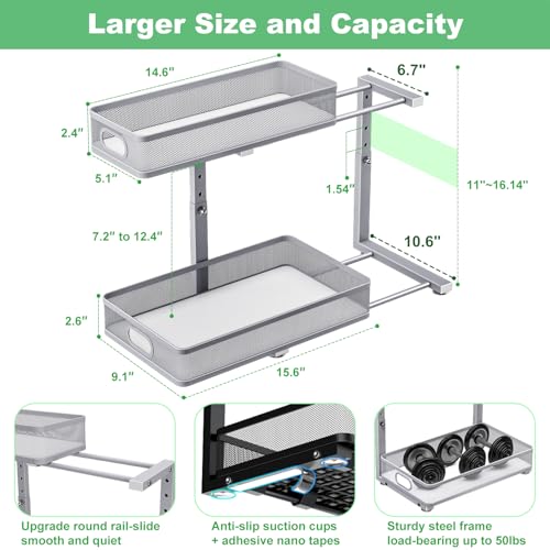 Dolesman Under Sink Organizer 2 Pack, High Adjustable 2 Tier Under Sink Organizers and Storage, Slide out Metal Cabinet Organizers, Pull out Storage Drawer Shelf for Kitchen Bathroom Cabinet - Image 4