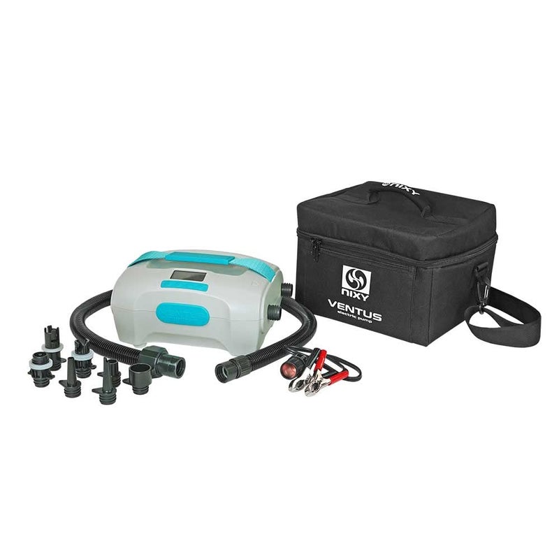 NIXY Ventus SUP Pump iSUP Electric Air Pump for Inflatable Stand Up Paddle Boards by NIXY 120PSI High Pressure 12V Dual Stage and AutoOff Function 7 Nozzles Great for Inflatable SUP Kayak and More