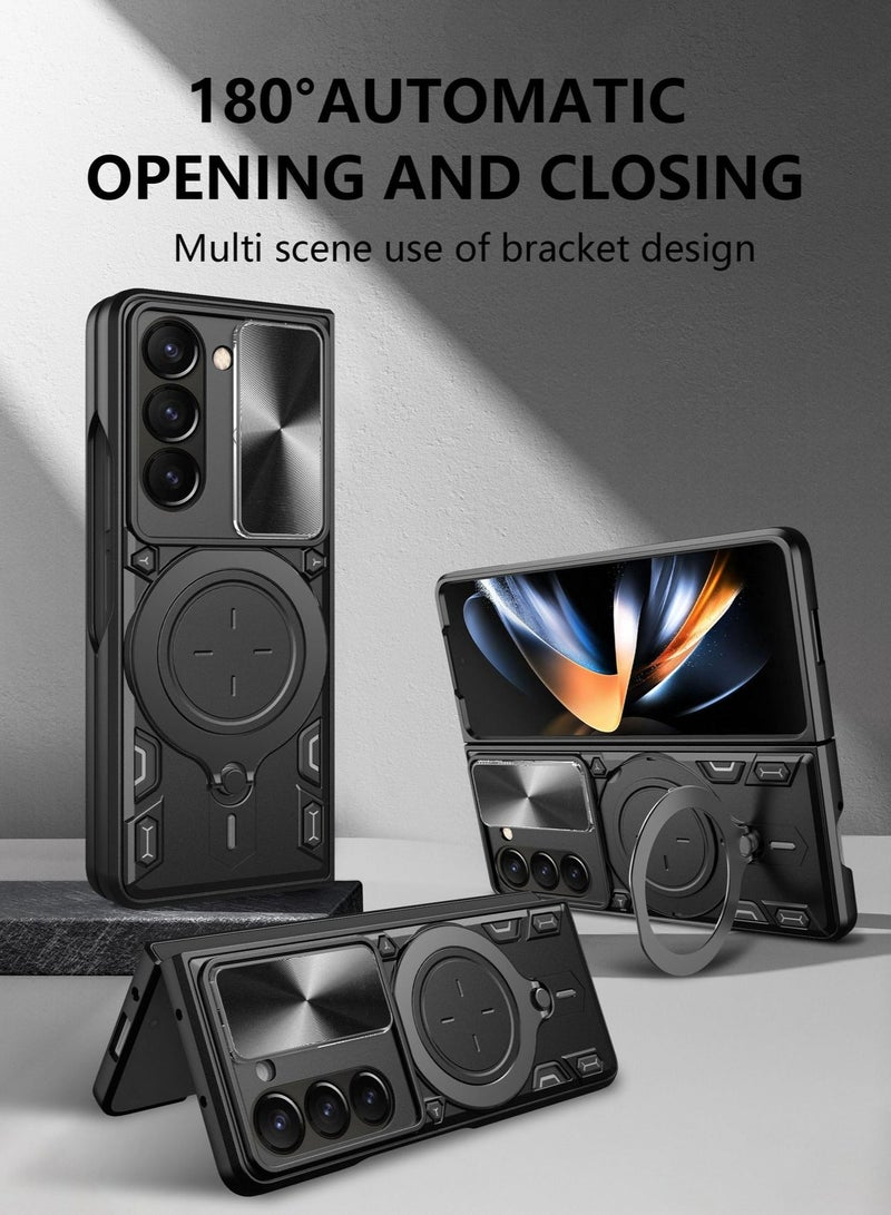 TEAM LUXURY Samsung Galaxy Z Fold 5 5G Black Mobile Phone Case Cover, Slide Camera Lens Cover, 360°Rotating Kickstand Ring, Bumper Shockproof Phone Case，Compatible with Car Magnetic Mount  - Image 5