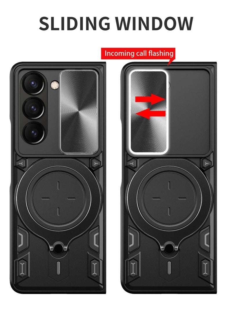 TEAM LUXURY Samsung Galaxy Z Fold 5 5G Black Mobile Phone Case Cover, Slide Camera Lens Cover, 360°Rotating Kickstand Ring, Bumper Shockproof Phone Case，Compatible with Car Magnetic Mount  - Image 2