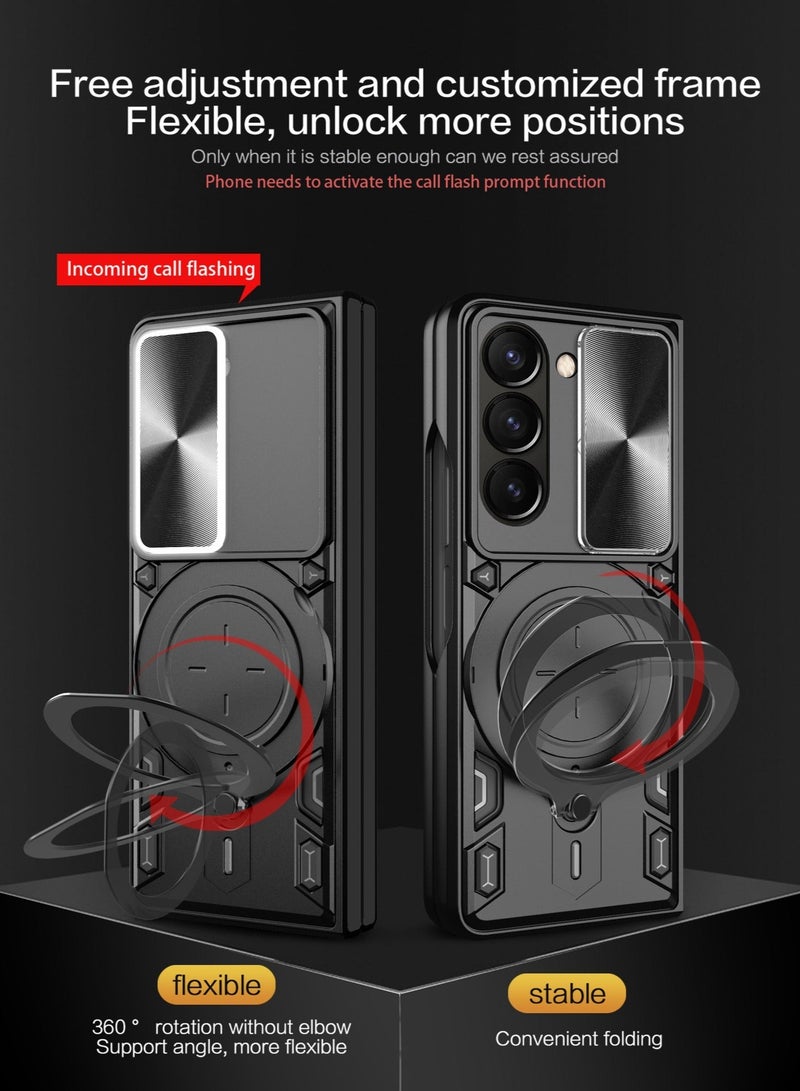 TEAM LUXURY Samsung Galaxy Z Fold 5 5G Black Mobile Phone Case Cover, Slide Camera Lens Cover, 360°Rotating Kickstand Ring, Bumper Shockproof Phone Case，Compatible with Car Magnetic Mount  - Image 3