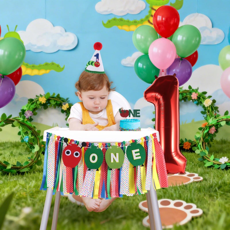 RANERVZ Hungry Caterpillar Highchair Banner for Baby First Birthday Party Decorations Green One Caterpillar High Chair Tassel Garland for Boys Girls Fruit 1st Birthday Photo Props Backdrop Decors - Image 3