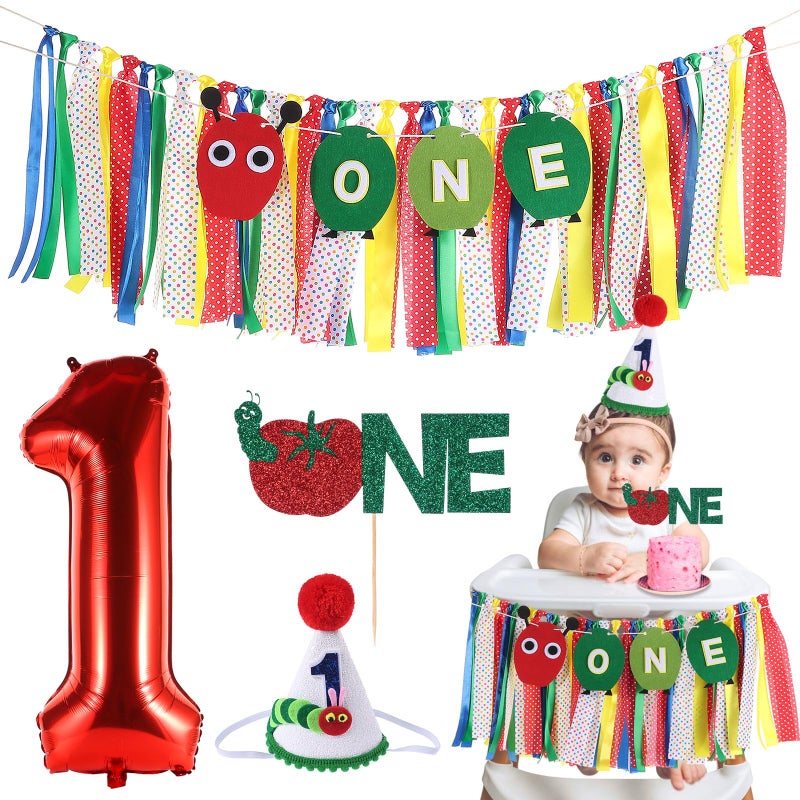 RANERVZ Hungry Caterpillar Highchair Banner for Baby First Birthday Party Decorations Green One Caterpillar High Chair Tassel Garland for Boys Girls Fruit 1st Birthday Photo Props Backdrop Decors - Image 1