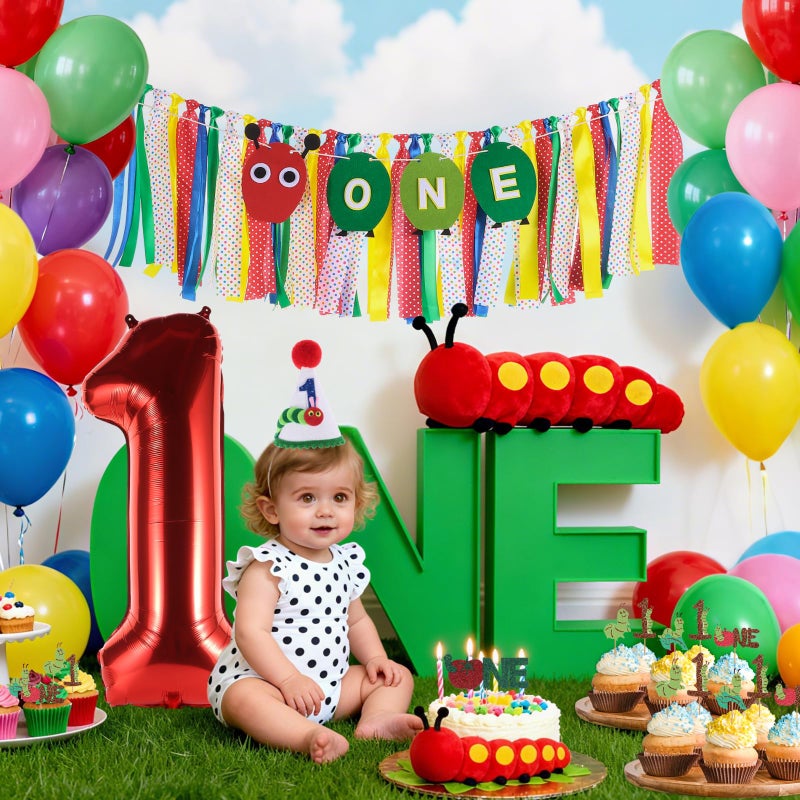 RANERVZ Hungry Caterpillar Highchair Banner for Baby First Birthday Party Decorations Green One Caterpillar High Chair Tassel Garland for Boys Girls Fruit 1st Birthday Photo Props Backdrop Decors - Image 4