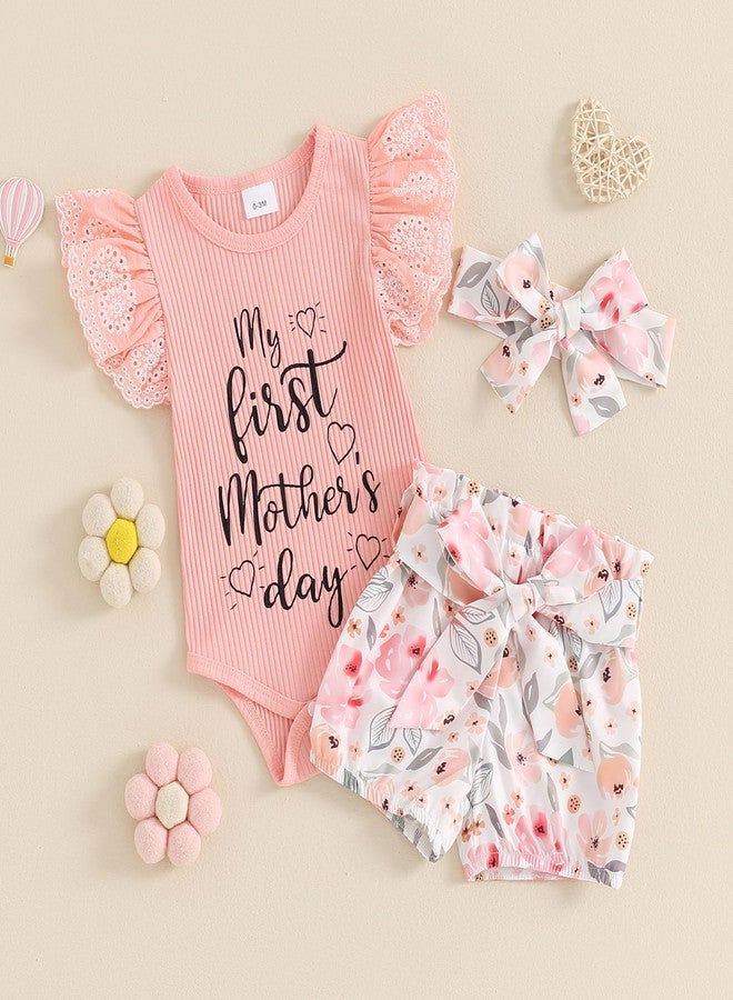 MoZiKQin My First Mothers Day Baby Girl Outfit Newborn Clothes Short Sleeve Ribbed Ruffle Romper Floral Shorts Headband Set (First Mothers Day-Pink, 3-6 Months) - Image 2