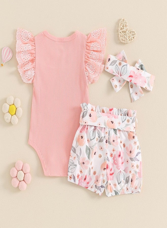 MoZiKQin My First Mothers Day Baby Girl Outfit Newborn Clothes Short Sleeve Ribbed Ruffle Romper Floral Shorts Headband Set (First Mothers Day-Pink, 3-6 Months) - Image 3
