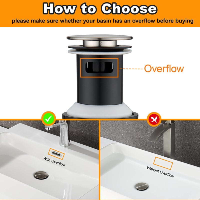 Tioriy Pop Up Bathroom Sink Drain - Bathroom Sink Stopper With Overflow For Faucet Vessel Push Type Bathroom Sink Vanity Assembly With Strainer Brushed Nickel - Image 3