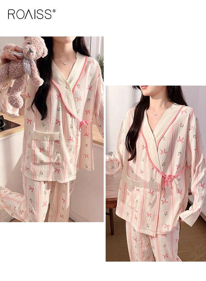 roaiss Women's Floral Long Sleeve Maternity Nightgown Set Kimono Tie Nursing Top with Adjustable Waistband Pants, Casual Loose Fit for Comfortable Pregnancy and Nursing Wear - Image 4