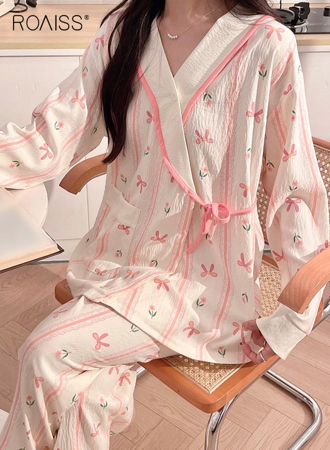 roaiss Women's Floral Long Sleeve Maternity Nightgown Set Kimono Tie Nursing Top with Adjustable Waistband Pants, Casual Loose Fit for Comfortable Pregnancy and Nursing Wear - Image 1