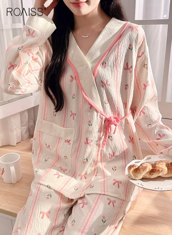 roaiss Women's Floral Long Sleeve Maternity Nightgown Set Kimono Tie Nursing Top with Adjustable Waistband Pants, Casual Loose Fit for Comfortable Pregnancy and Nursing Wear - Image 2