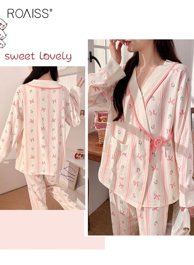 roaiss Women's Floral Long Sleeve Maternity Nightgown Set Kimono Tie Nursing Top with Adjustable Waistband Pants, Casual Loose Fit for Comfortable Pregnancy and Nursing Wear - Image 5