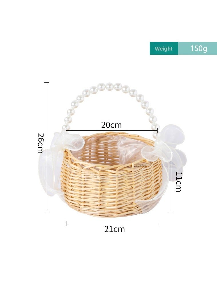 هايدو سلة الروطان المنسوجة يدوياً (مع مقبض اللؤلؤ) -سلة تخزين زخرفية للزفاف المنزلي والهدايا - Image 3