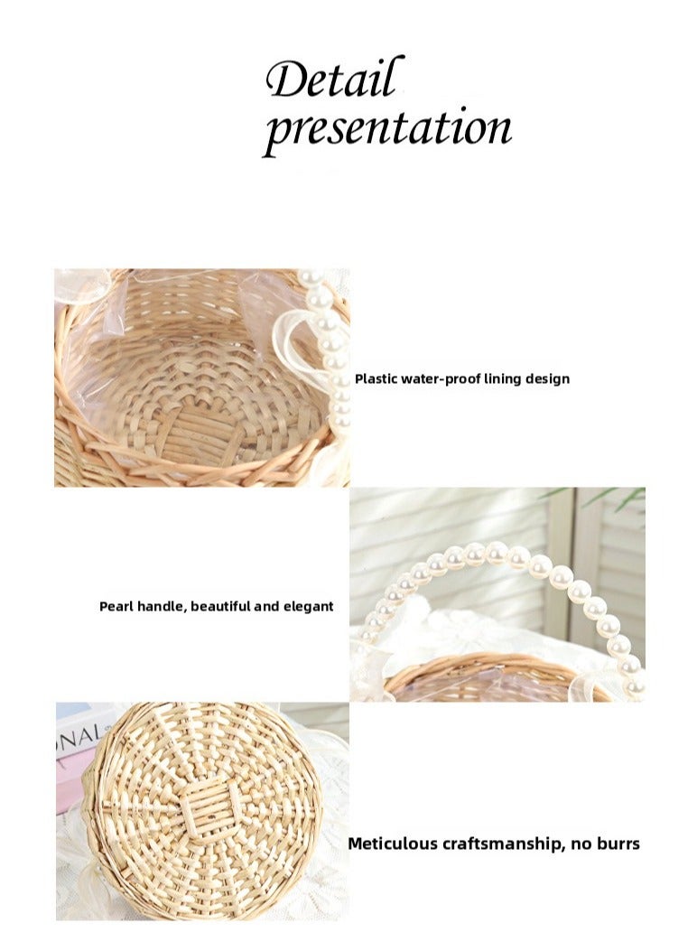 هايدو سلة الروطان المنسوجة يدوياً (مع مقبض اللؤلؤ) -سلة تخزين زخرفية للزفاف المنزلي والهدايا - Image 5