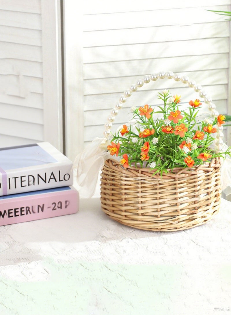 هايدو سلة الروطان المنسوجة يدوياً (مع مقبض اللؤلؤ) -سلة تخزين زخرفية للزفاف المنزلي والهدايا - Image 2