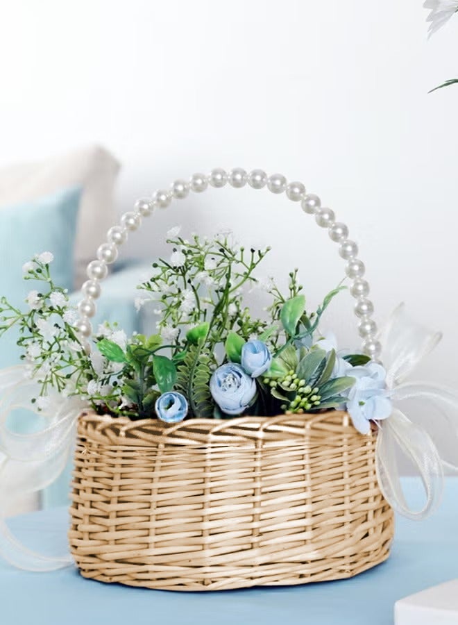 هايدو سلة الروطان المنسوجة يدوياً (مع مقبض اللؤلؤ) -سلة تخزين زخرفية للزفاف المنزلي والهدايا - Image 1